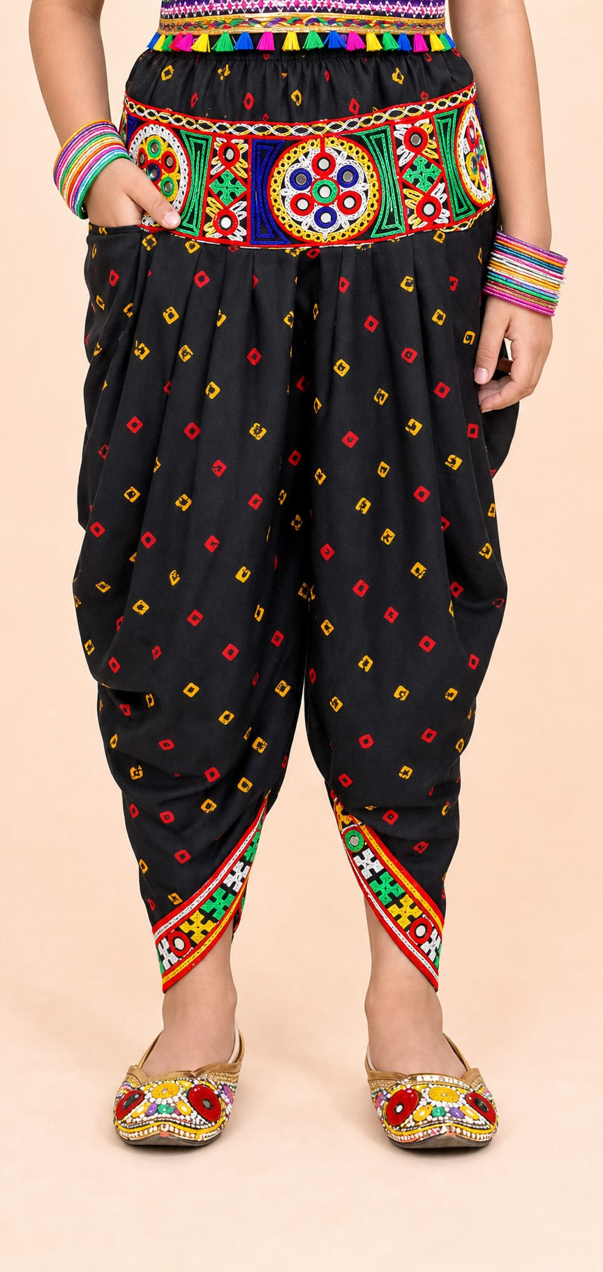 Girls Dandia Nights Dhoti Set With Cap Black - closeup bottom