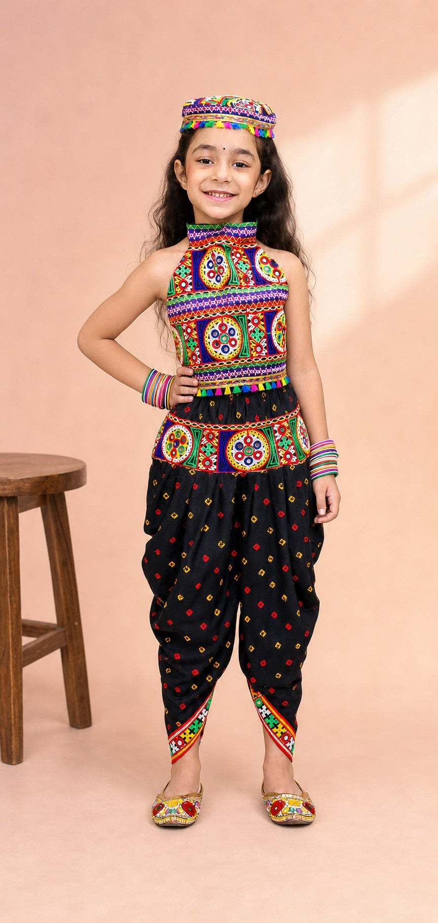 Girls Dandia Nights Dhoti Set With Cap Black - lifestyle festive