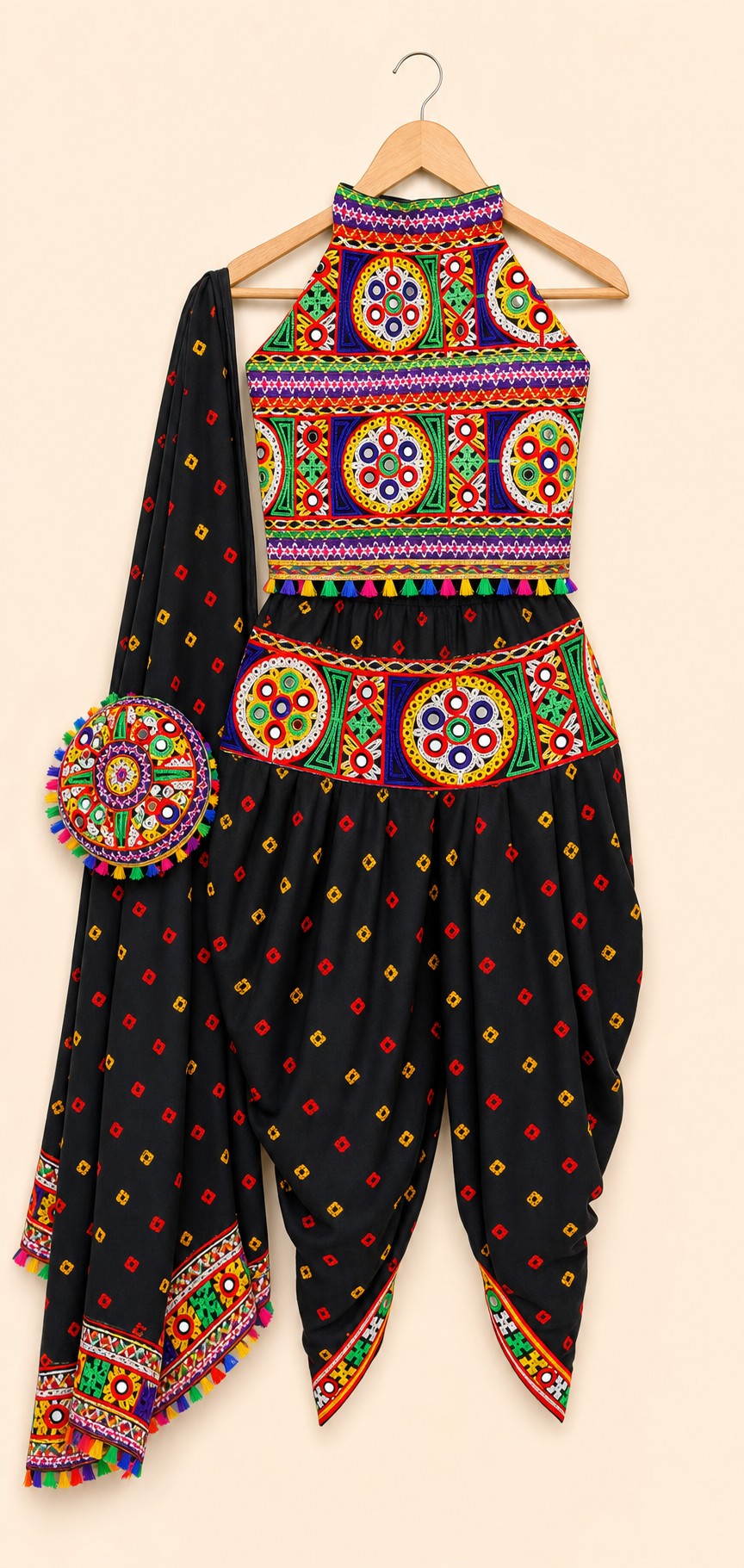 Girls Dandia Nights Dhoti Set With Cap Black - hanger