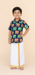 Boys Elephant Print Kurta Lungi Set Blue - hero