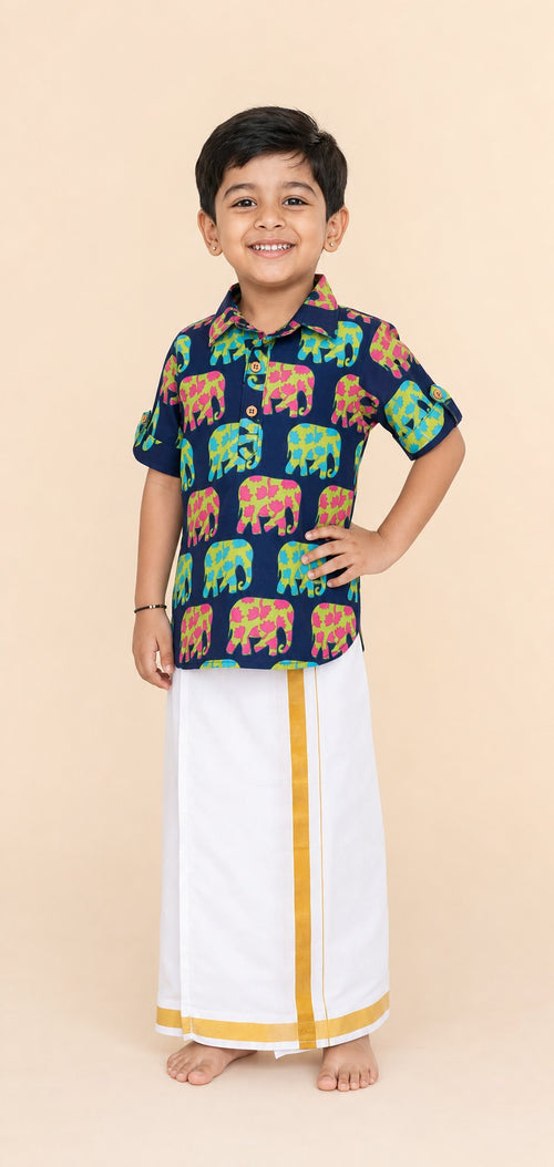 Boys Elephant Print Kurta Lungi Set Blue - hero