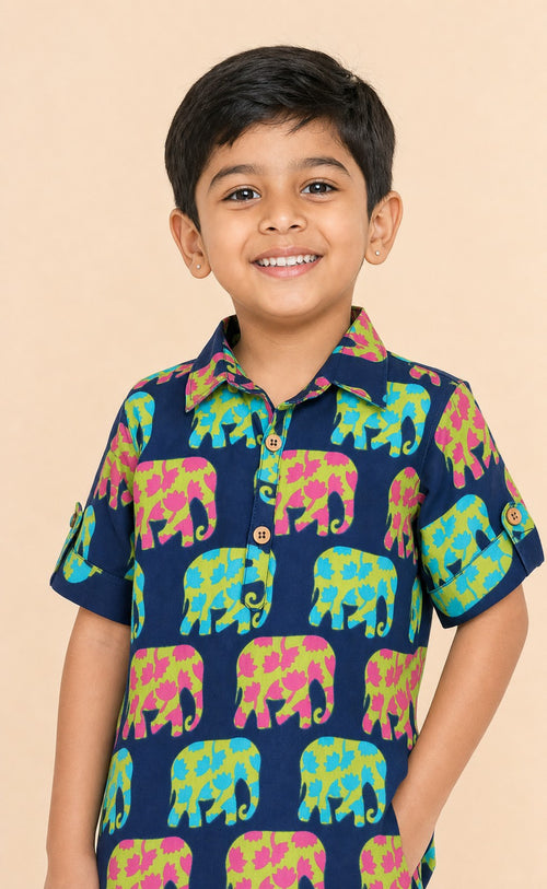Boys Elephant Print Kurta Lungi Set Blue - closeup top