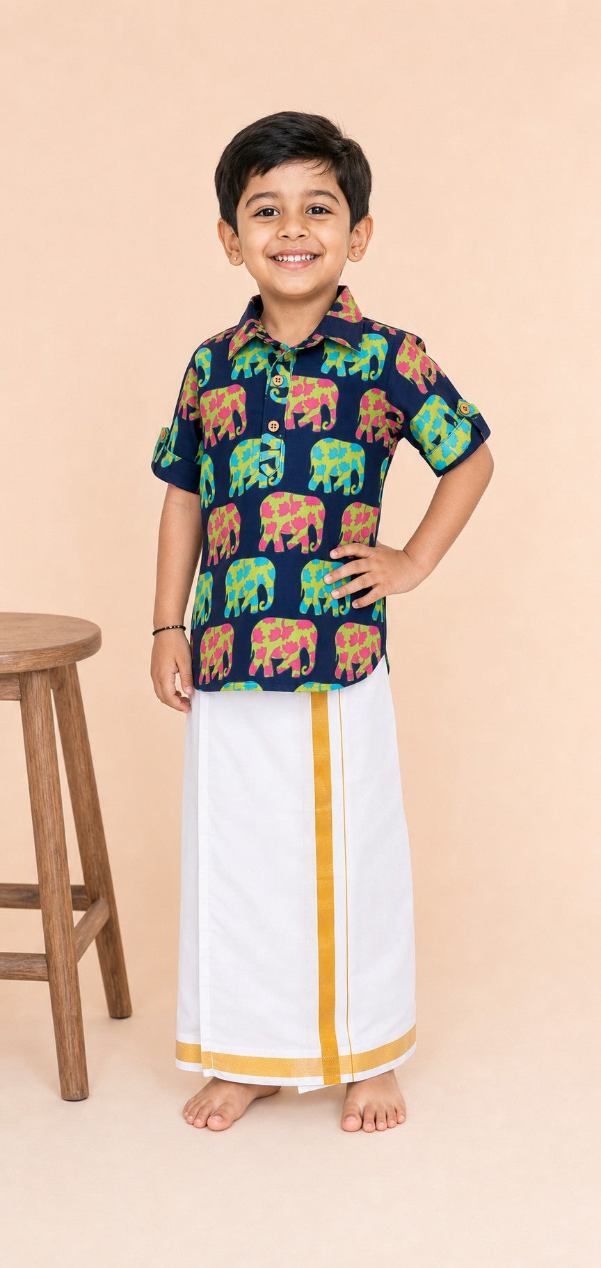 Boys Elephant Print Kurta Lungi Set Blue - lifestyle festive