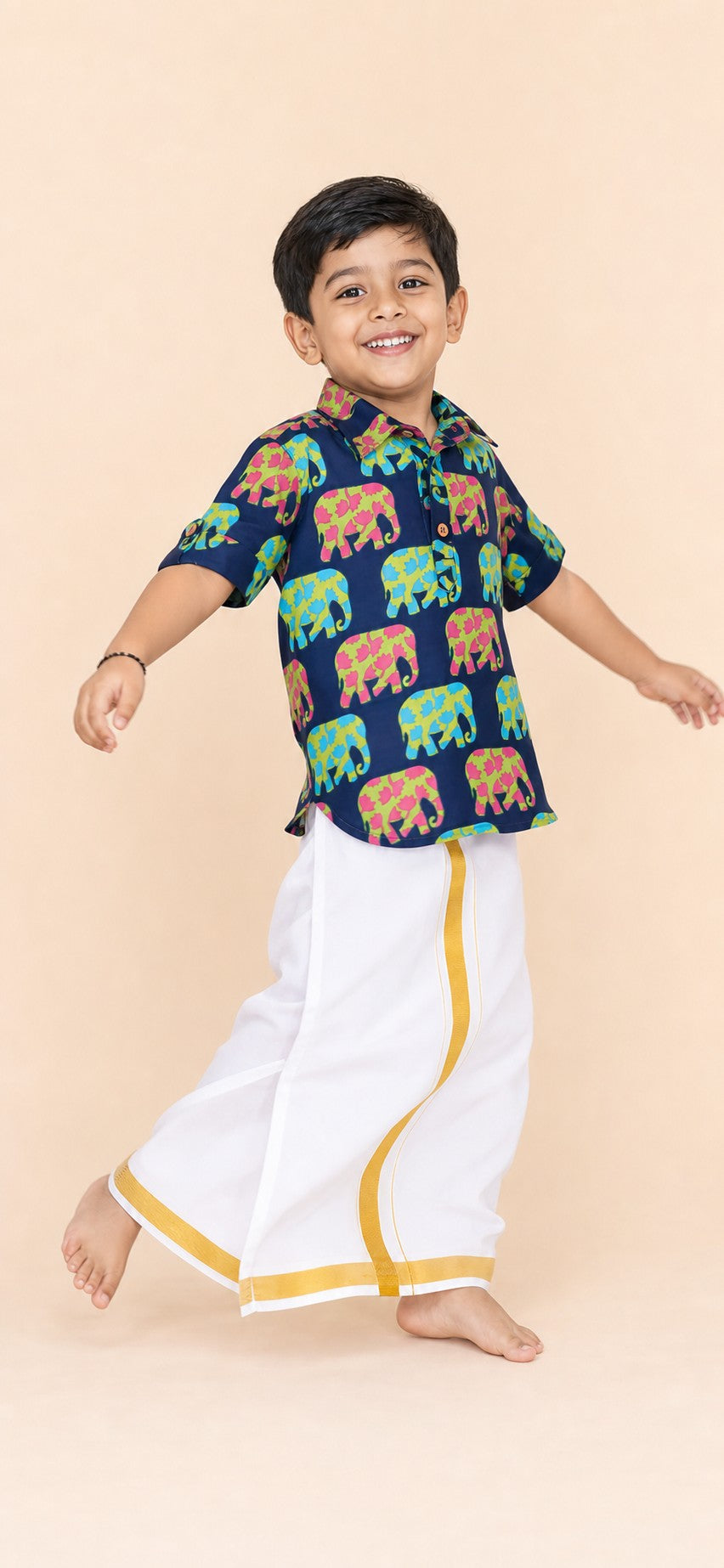 Boys Elephant Print Kurta Lungi Set Blue - lifestyle playing