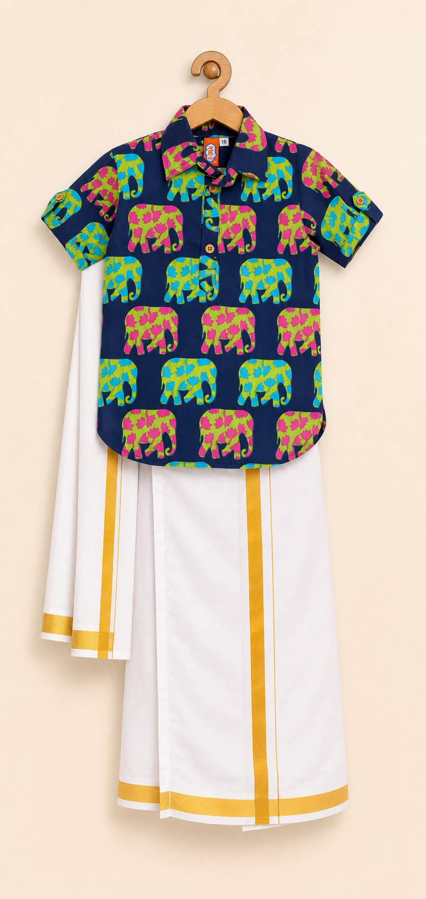 Boys Elephant Print Kurta Lungi Set Blue - hanger