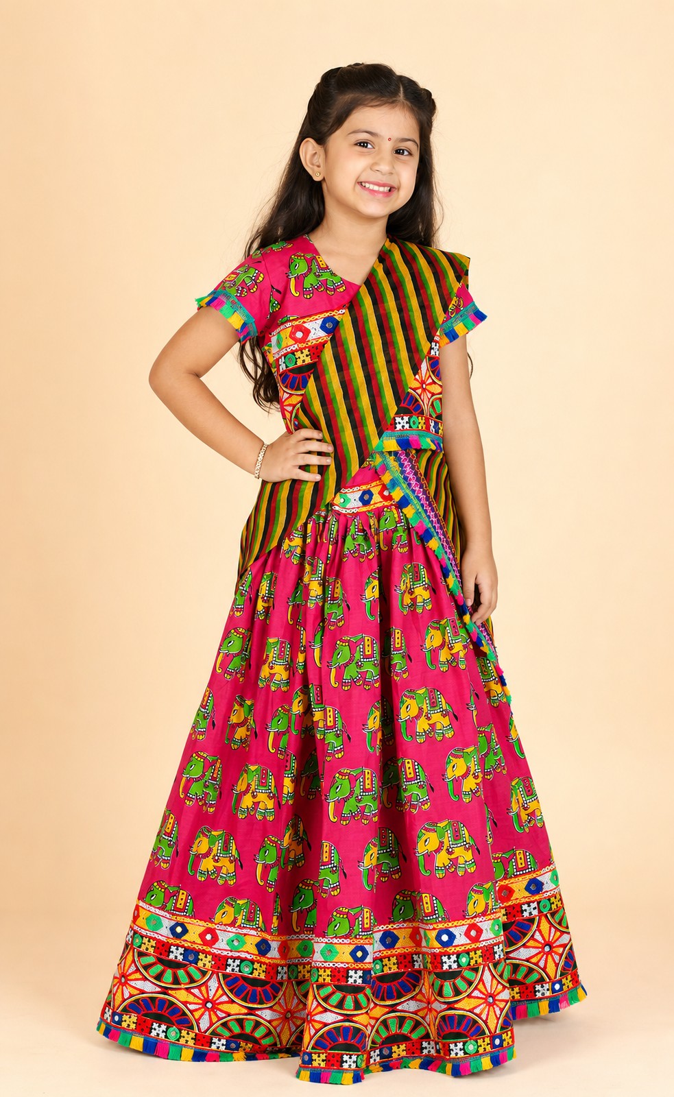 Girls Ethnic Print Lehenga Choli Pink - hero