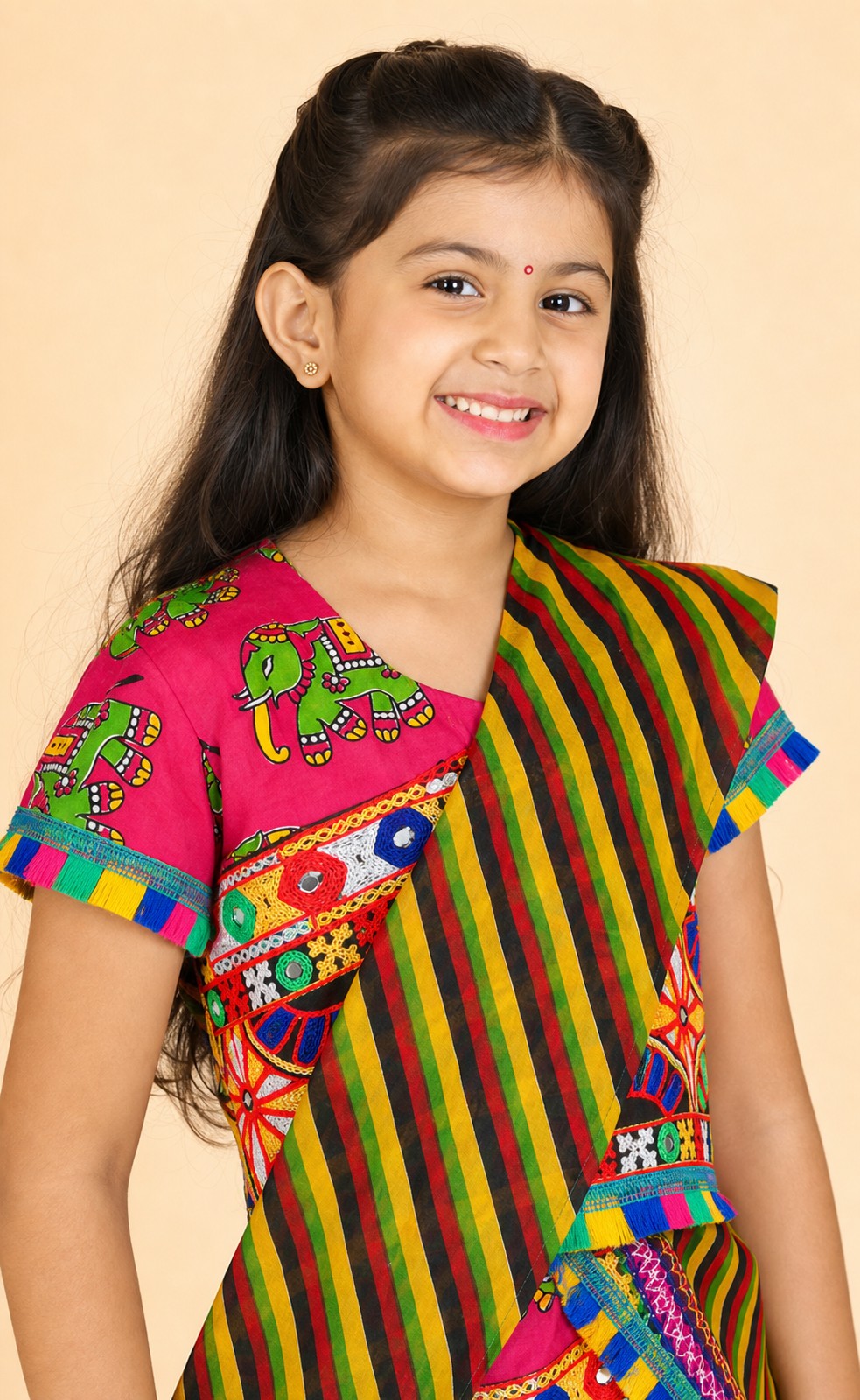Girls Ethnic Print Lehenga Choli Pink - closeup top
