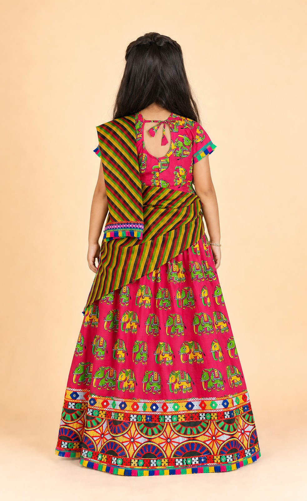 Girls Ethnic Print Lehenga Choli Pink - back