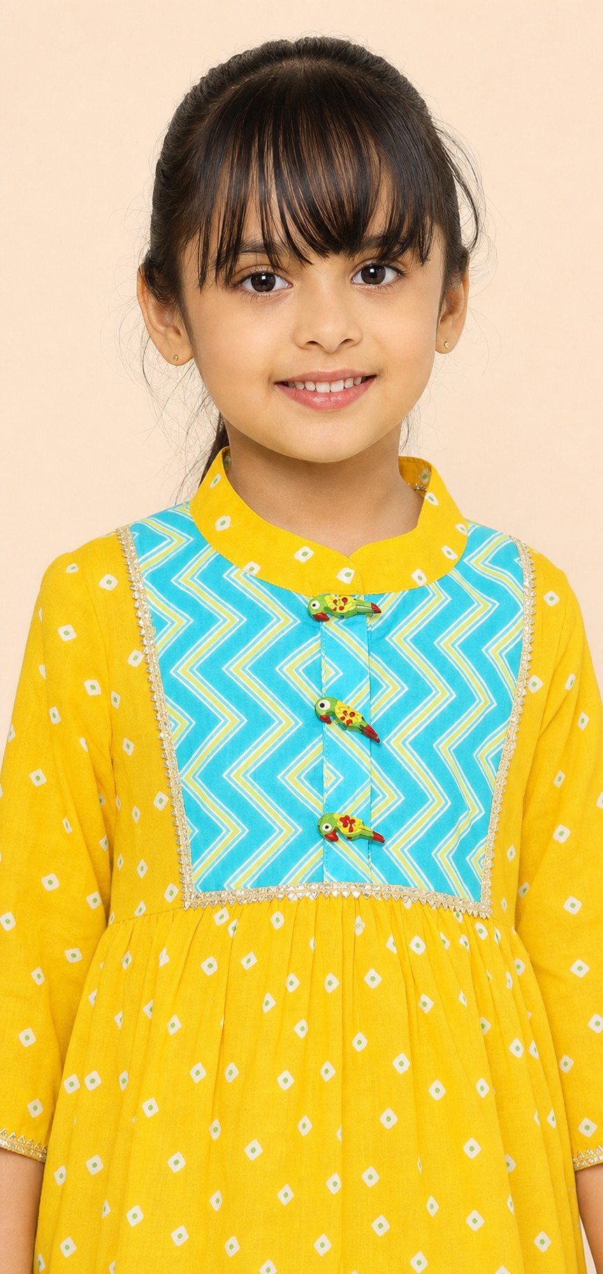 Girls Jhankar Kurta Dhoti Set Yellow - closeup top