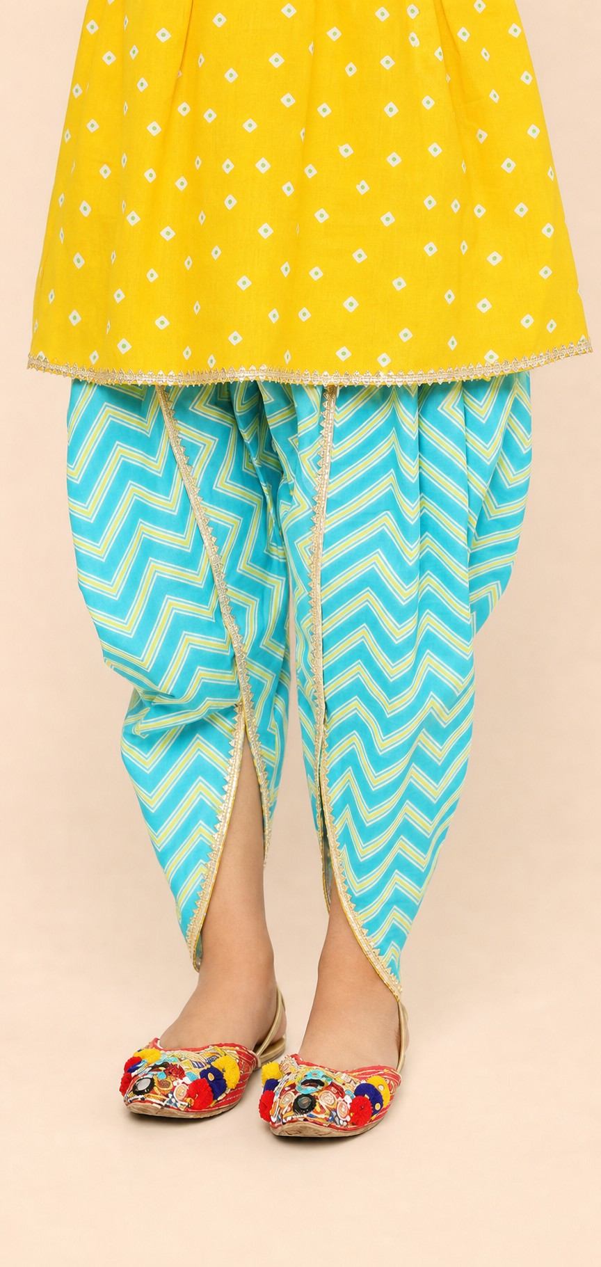 Girls Jhankar Kurta Dhoti Set Yellow - closeup bottom