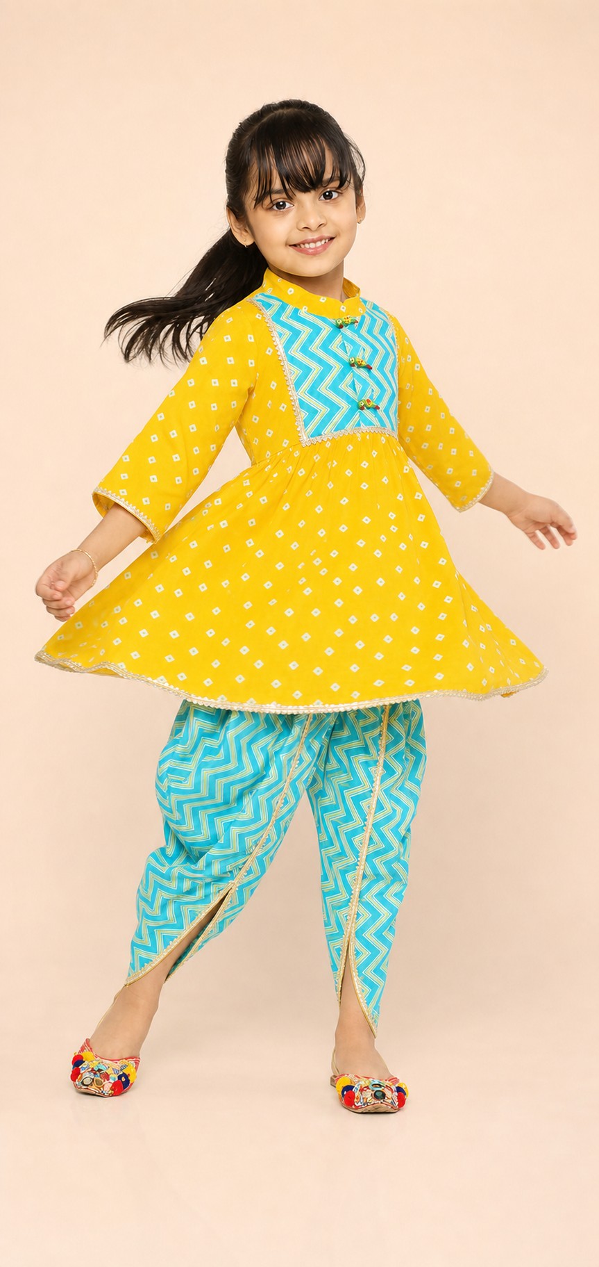 Girls Jhankar Kurta Dhoti Set Yellow - lifestyle playing