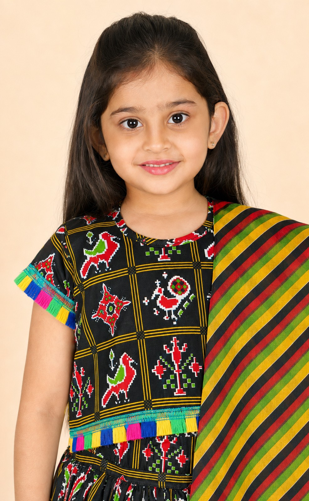 Girls Pattola Print Lehenga Choli Black - closeup top