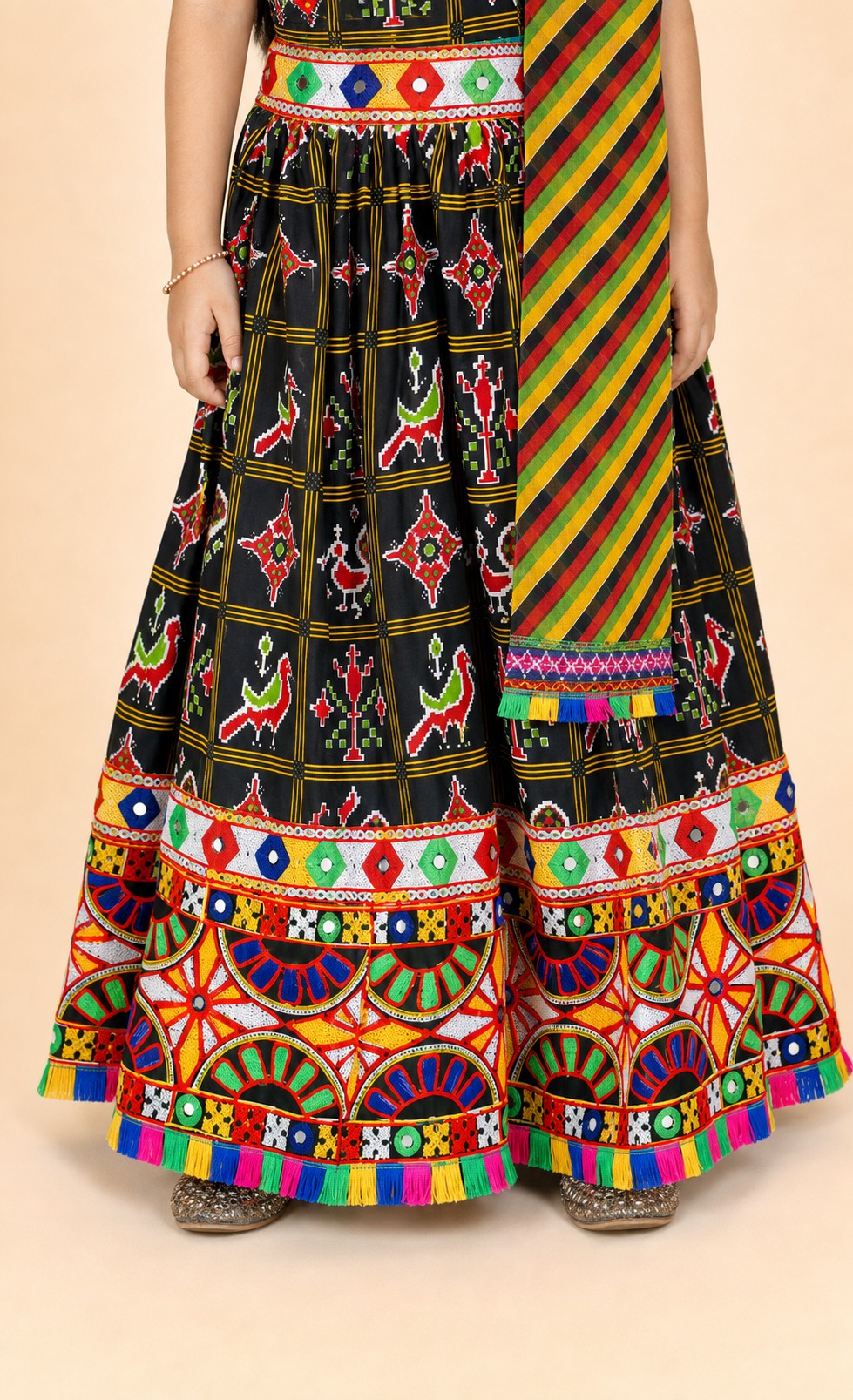 Girls Pattola Print Lehenga Choli Black - closeup bottom