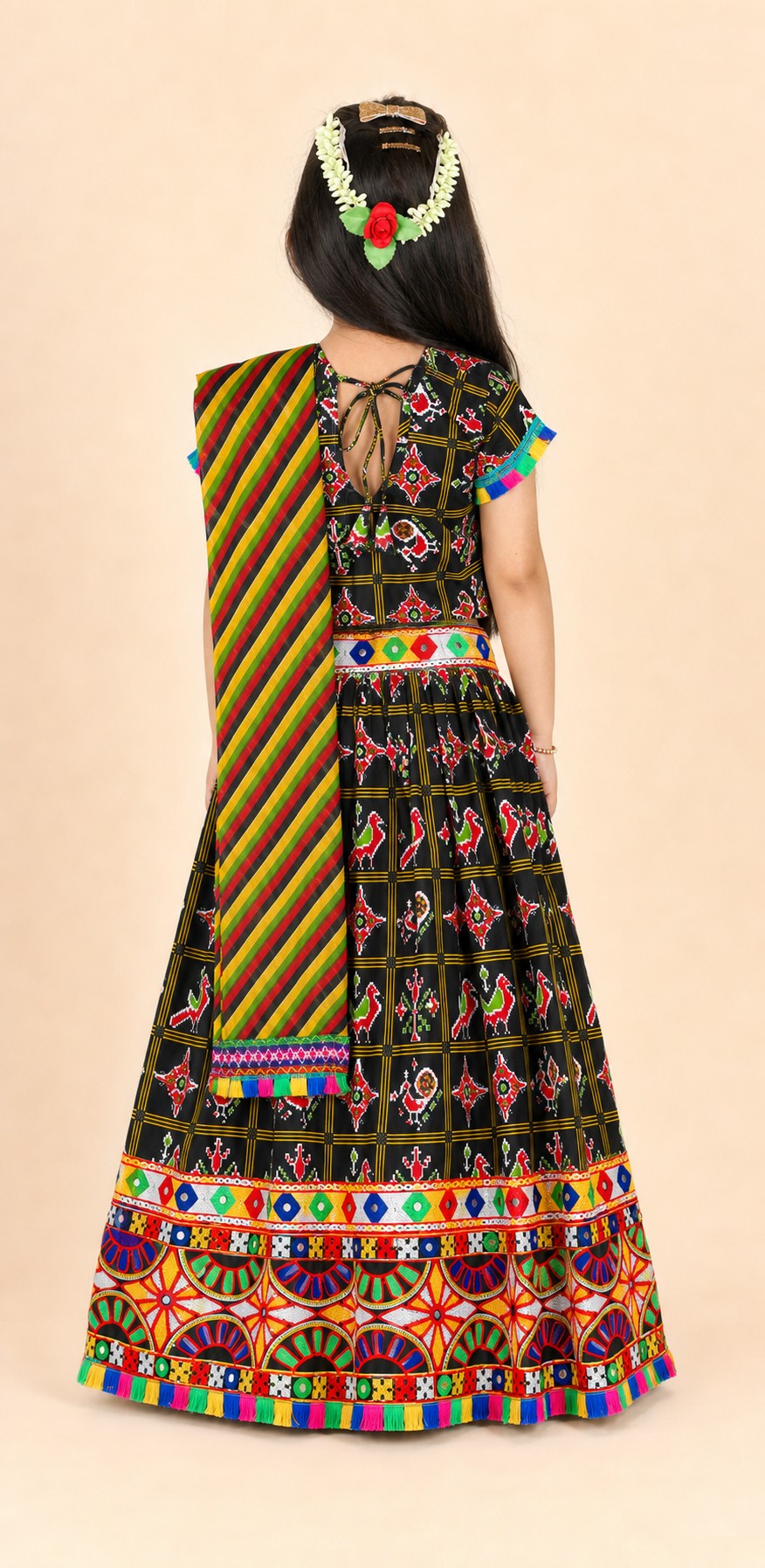 Girls Pattola Print Lehenga Choli Black - back