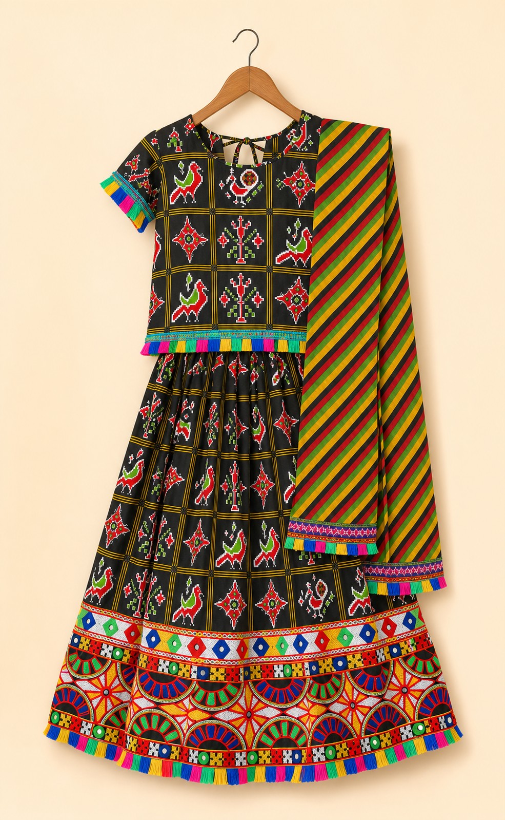 Girls Pattola Print Lehenga Choli Black - hanger