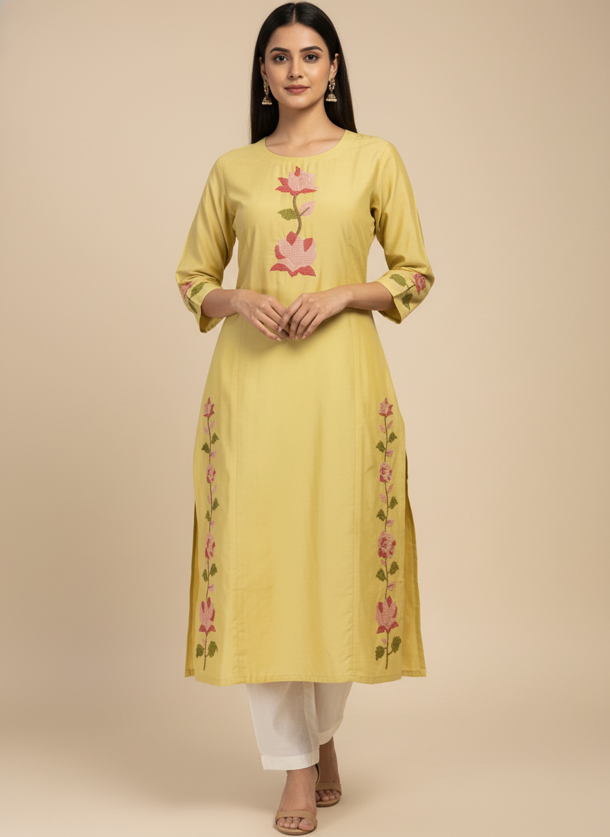 Lemon Embroidered Kurti - close-up of bottom and hem