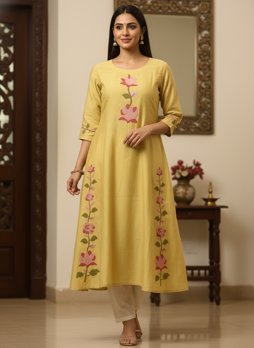 Lemon Embroidered Kurti - lifestyle festive shot