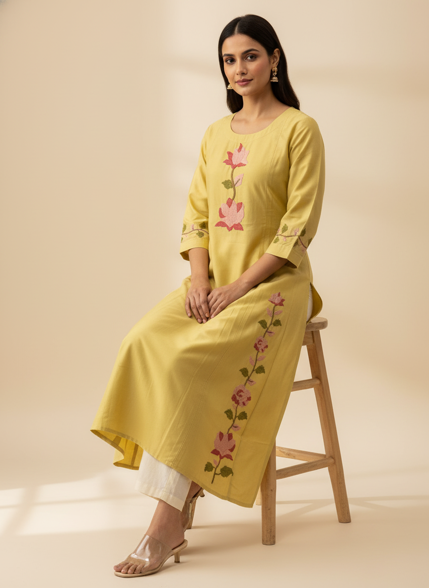 Lemon Embroidered Kurti - lifestyle seated shot