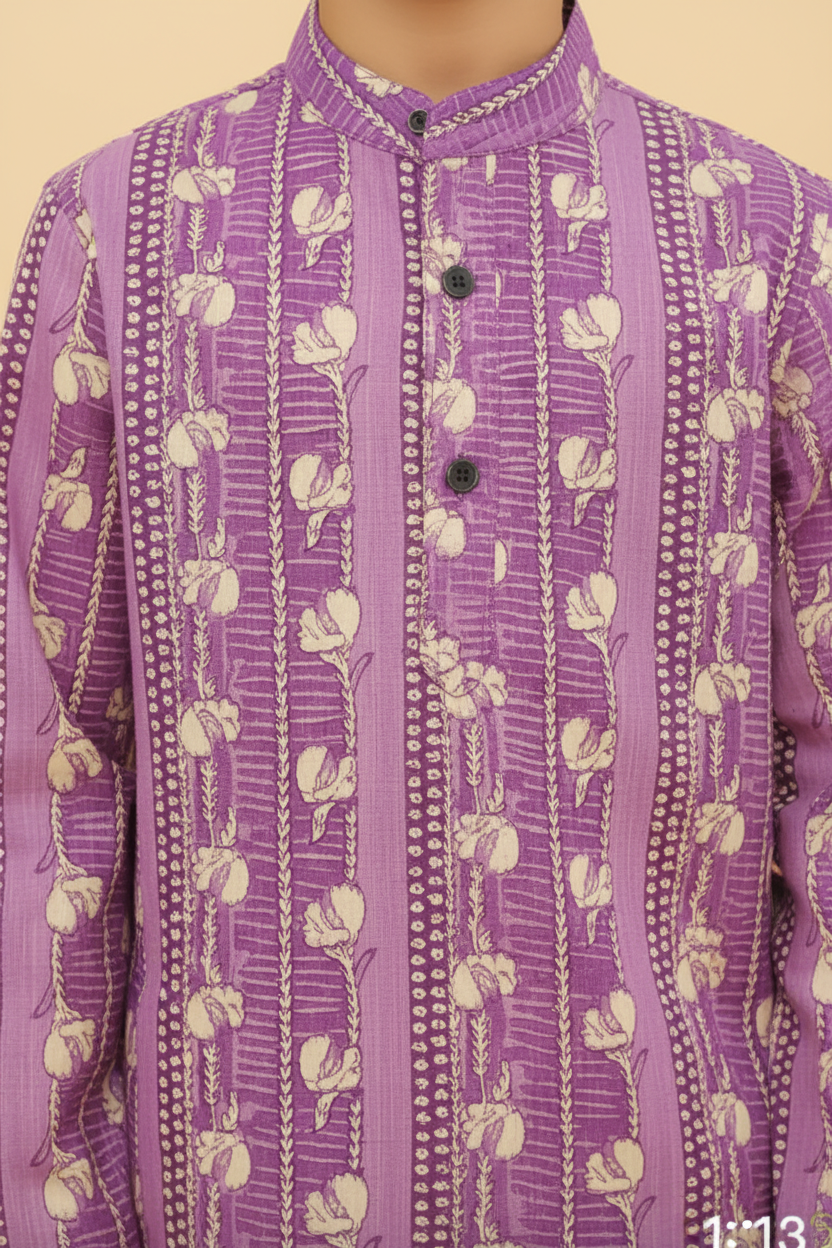Boys Floral Printed Kurta Pajama Set Lilac - close-up detail of kurta