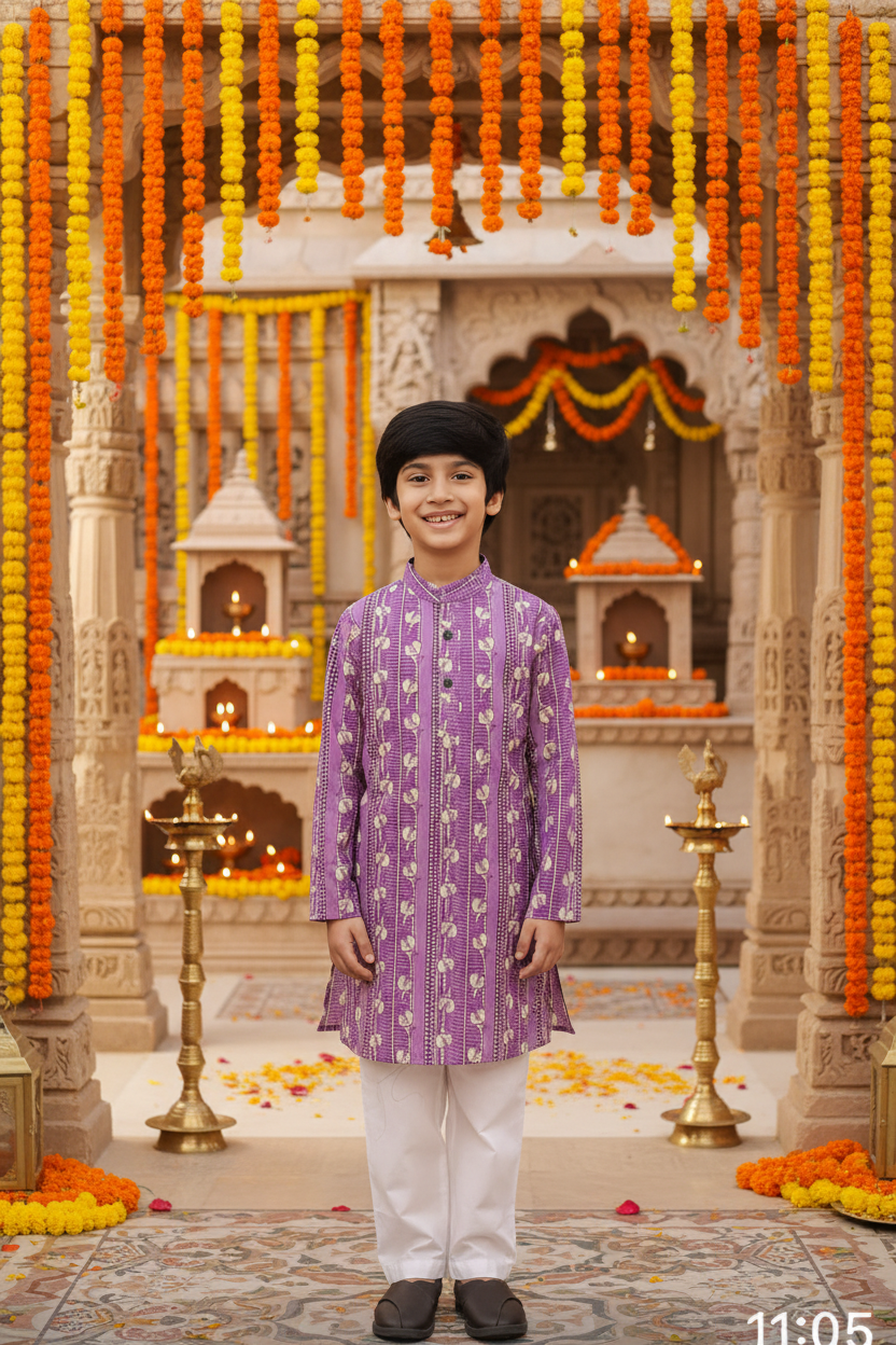 Boys Floral Printed Kurta Pajama Set Lilac - festive lifestyle shot