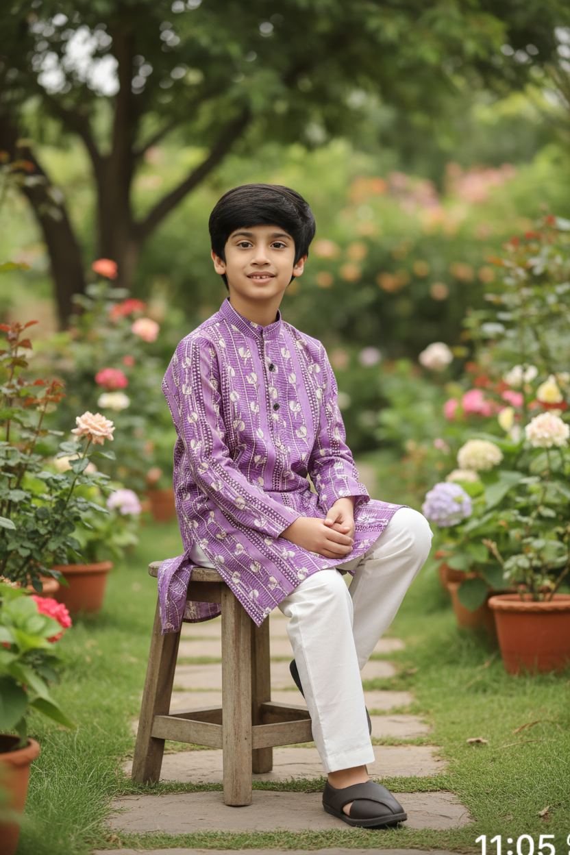 Boys Floral Printed Kurta Pajama Set Lilac - lifestyle outdoor shot