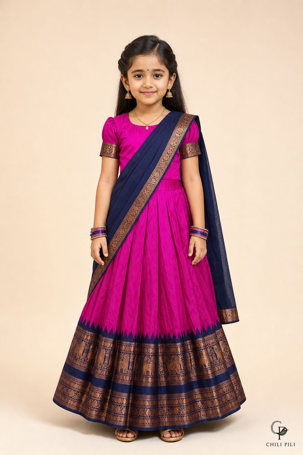 Girls Zari Elephant Pattu Pavadai Set Magenta - front view