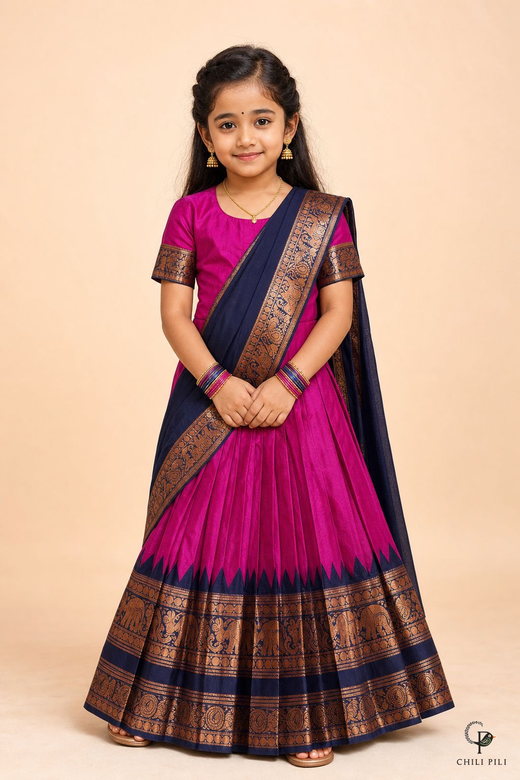 Girls Zari Elephant Pattu Pavadai Set Magenta - close-up detail of top