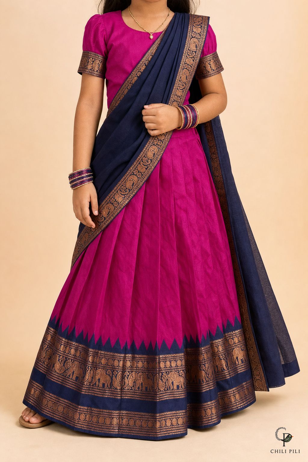 Girls Zari Elephant Pattu Pavadai Set Magenta - close-up detail of bottom