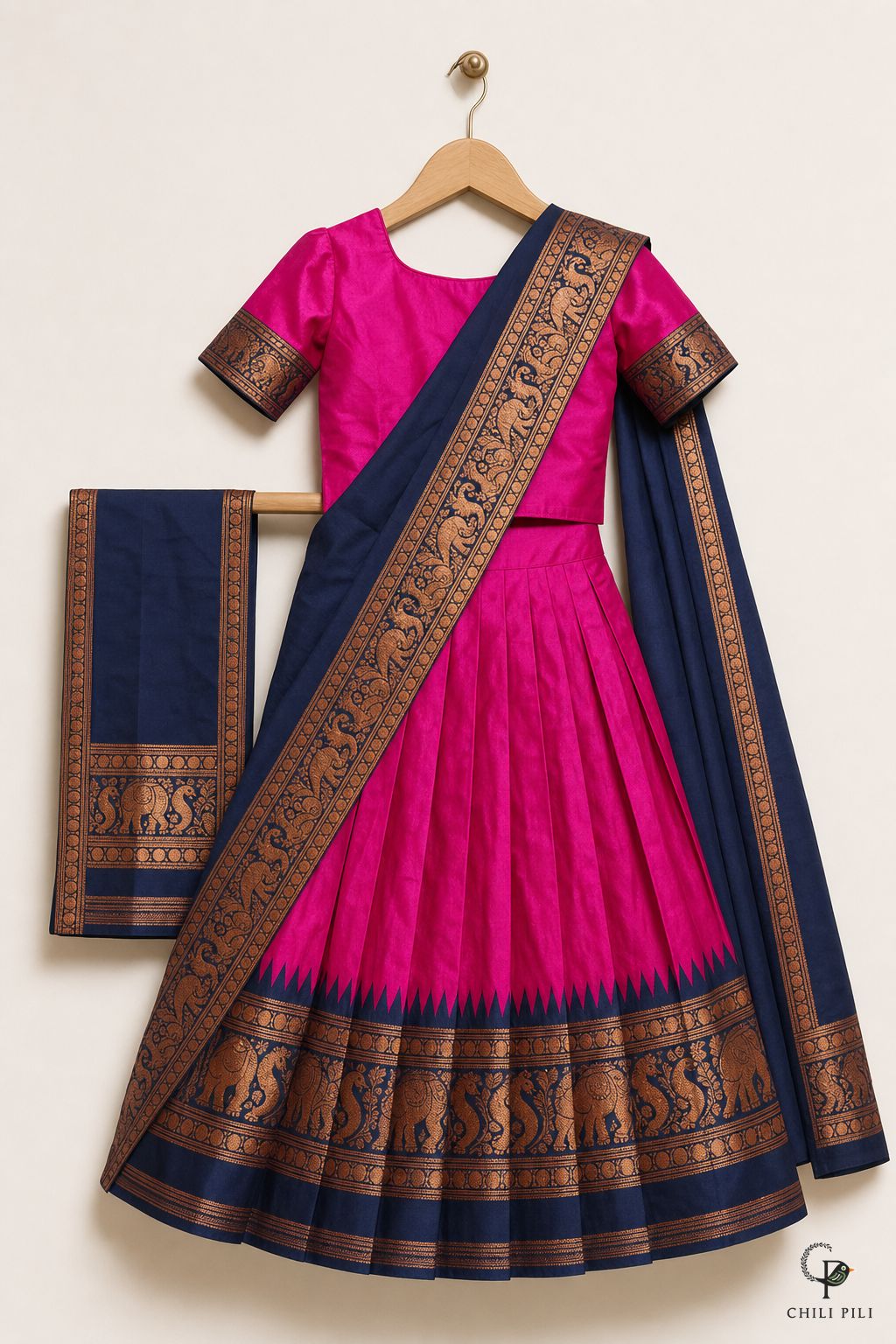 Girls Zari Elephant Pattu Pavadai Set Magenta - full set on hanger