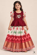 Girls Bird Embroidered Peplum Ikat Lehenga Maroon - front view