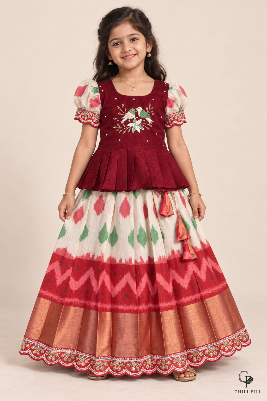 Girls Bird Embroidered Peplum Ikat Lehenga Maroon - front view