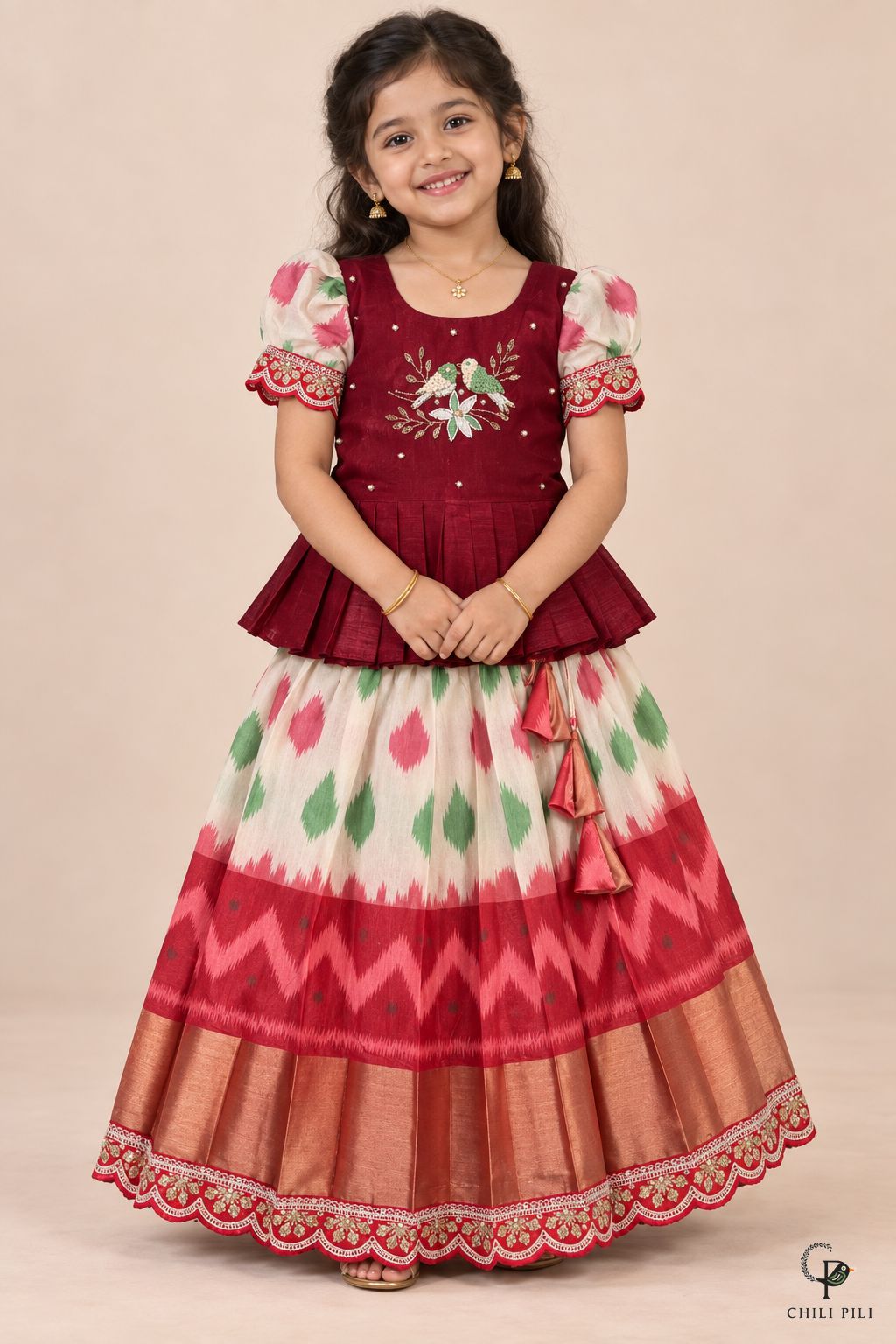 Girls Bird Embroidered Peplum Ikat Lehenga Maroon - close-up detail of top