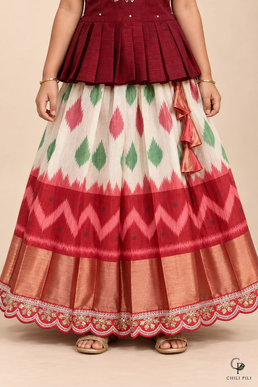 Girls Bird Embroidered Peplum Ikat Lehenga Maroon - close-up detail of skirt border