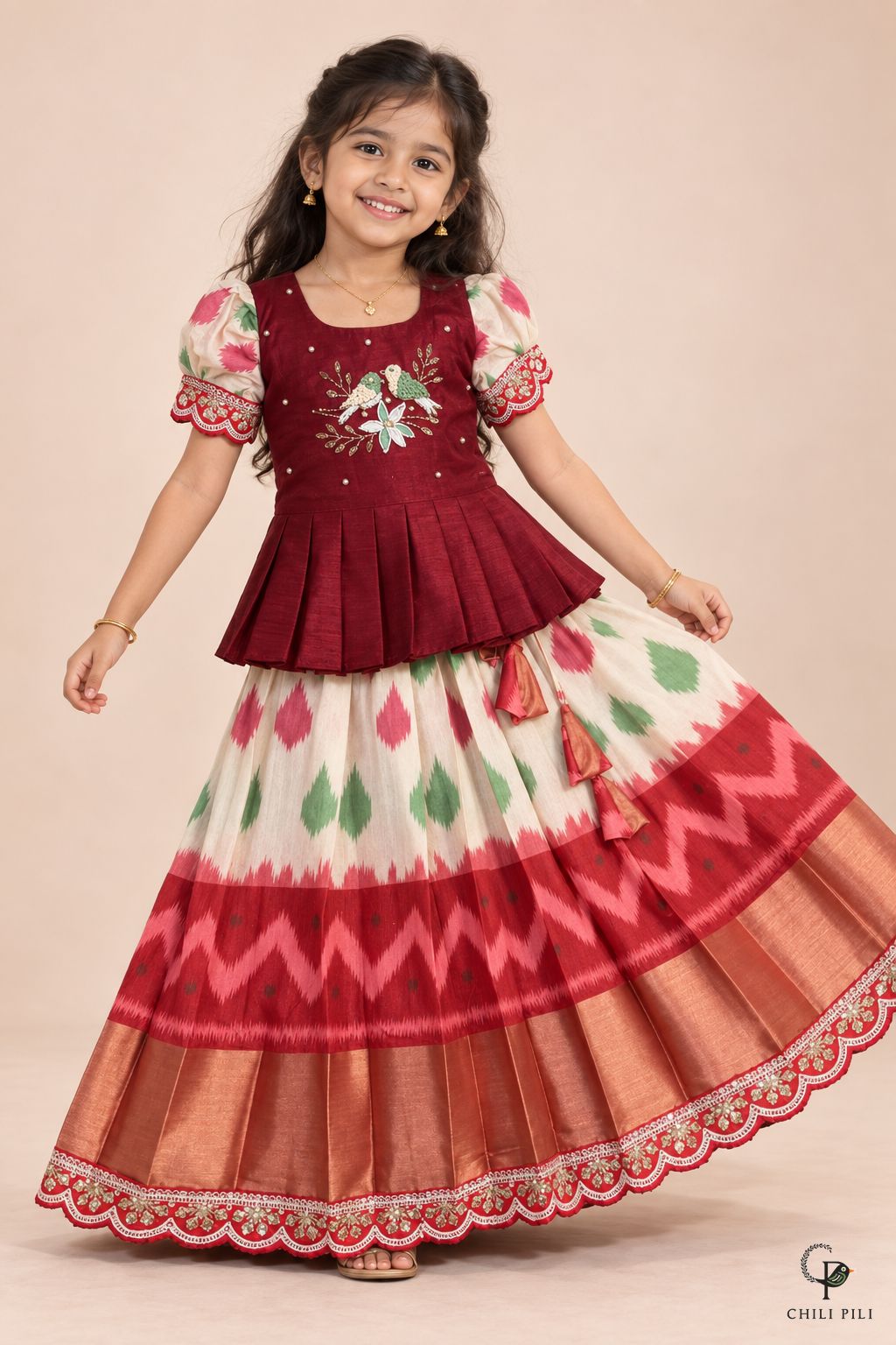 Girls Bird Embroidered Peplum Ikat Lehenga Maroon - lifestyle movement shot