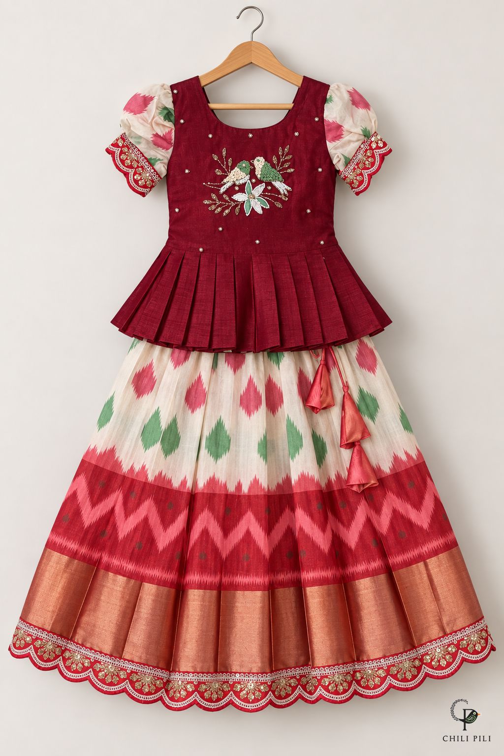 Girls Bird Embroidered Peplum Ikat Lehenga Maroon - full set on hanger
