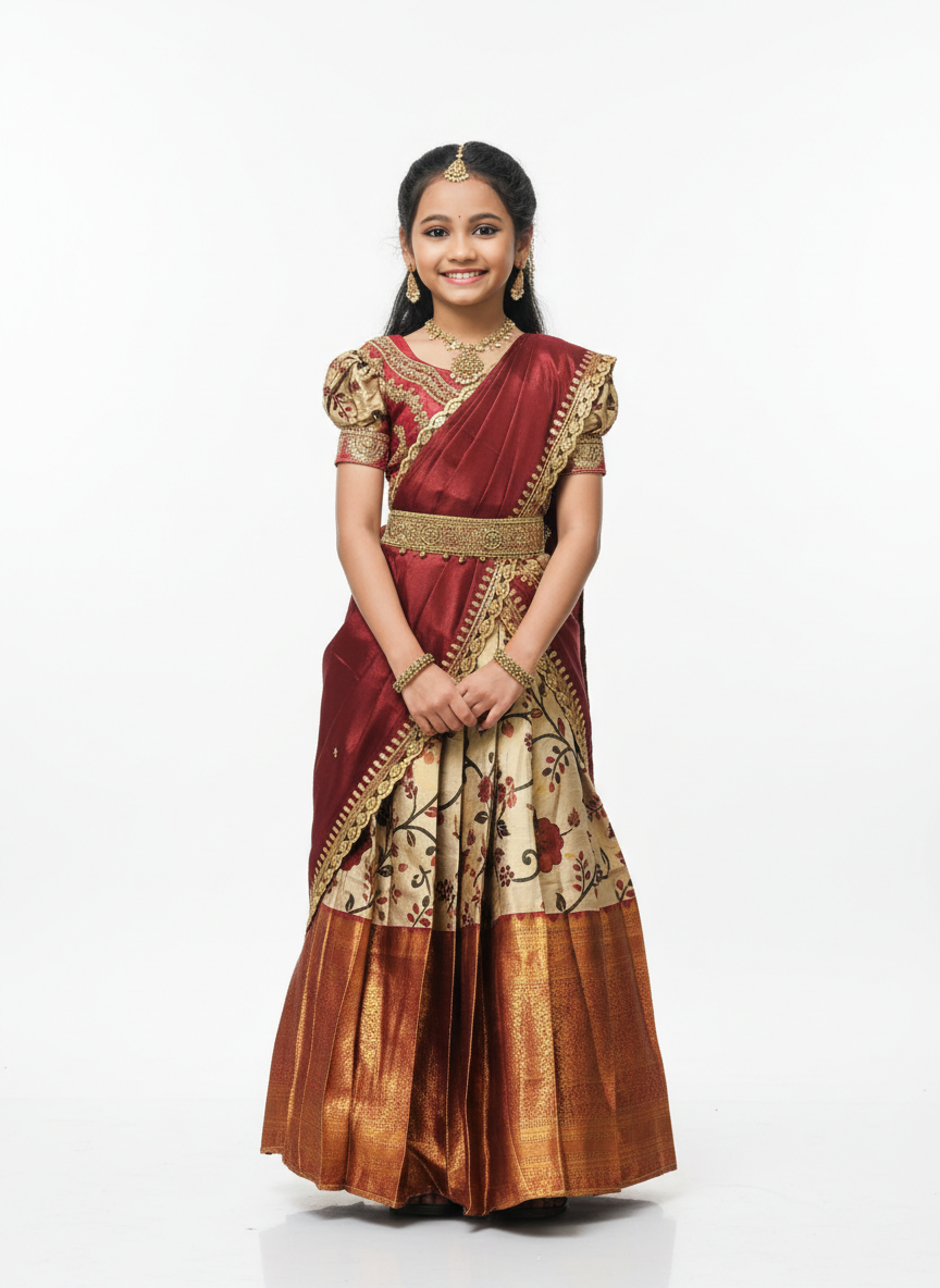 Girls Floral Zari Half Saree Set in Maroon - Silk Half Saree for kids - front view