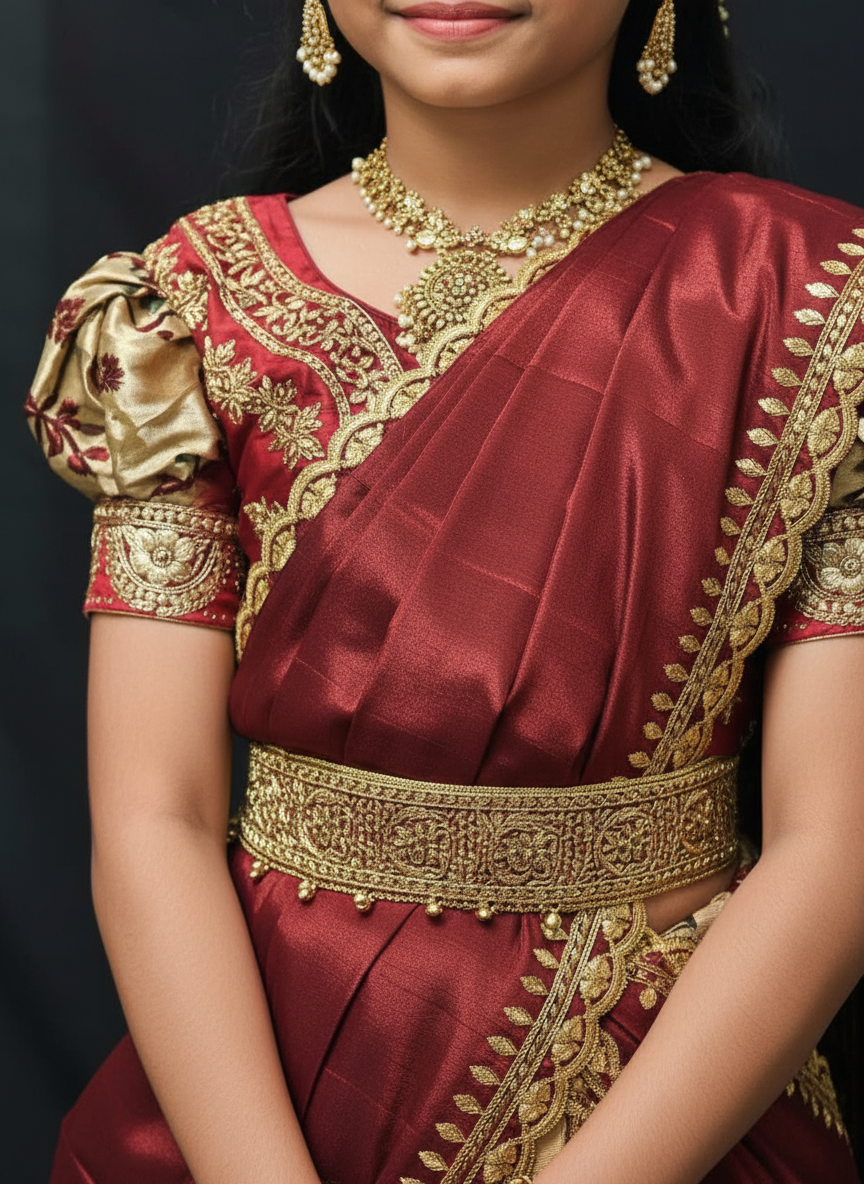 Girls Floral Zari Half Saree Set in Maroon - close-up detail of blouse embroidery and zari work