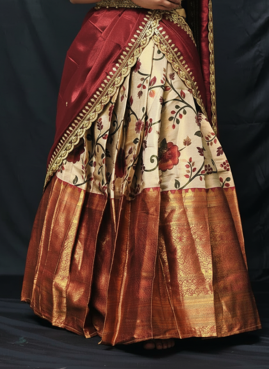 Girls Floral Zari Half Saree Set in Maroon - close-up detail of lehenga floral print and gold zari border