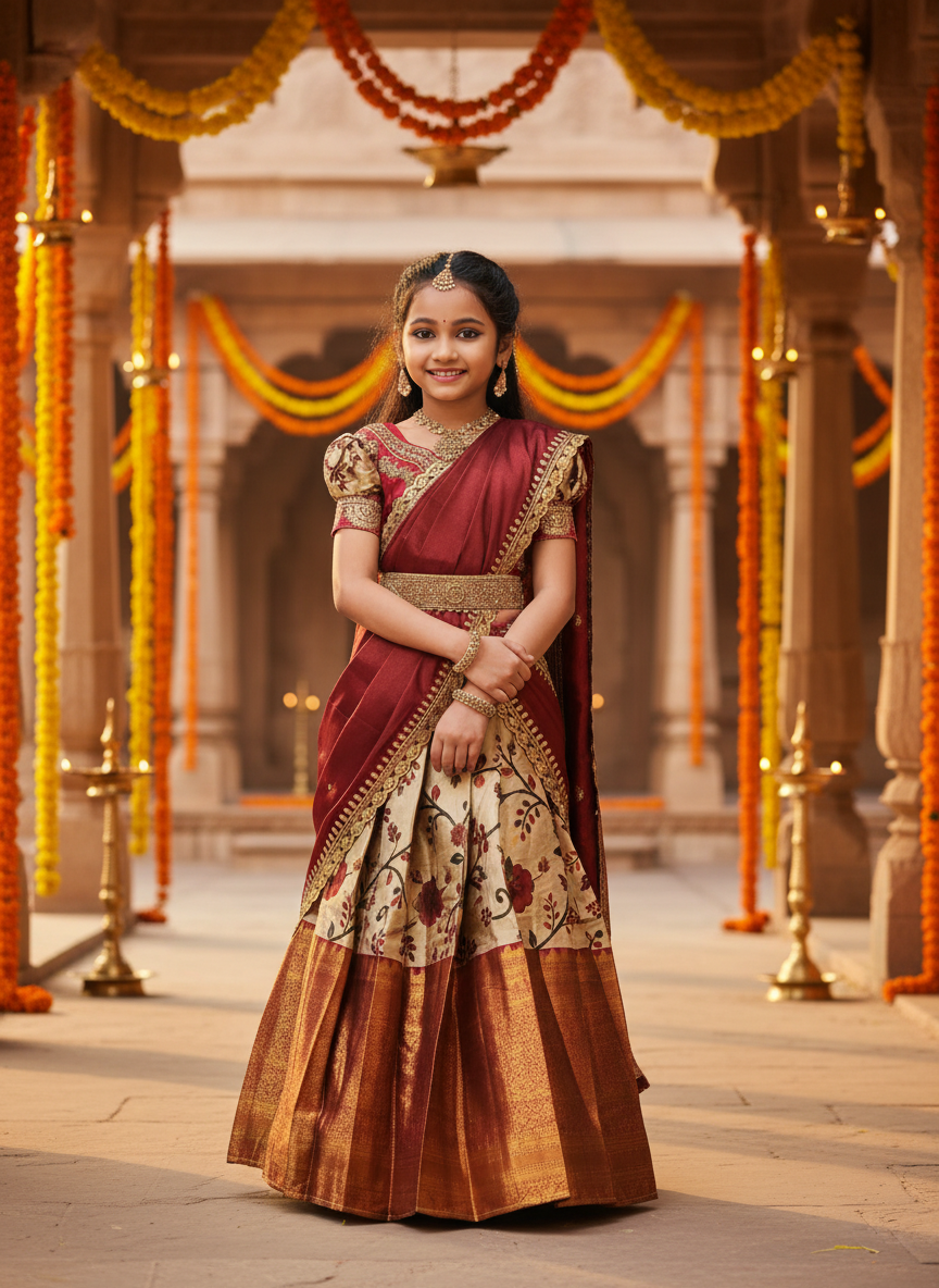 Girls Floral Zari Half Saree Set in Maroon - festive lifestyle shot in traditional setting
