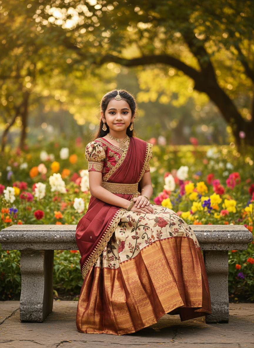 Girls Floral Zari Half Saree Set in Maroon - seated garden lifestyle shot