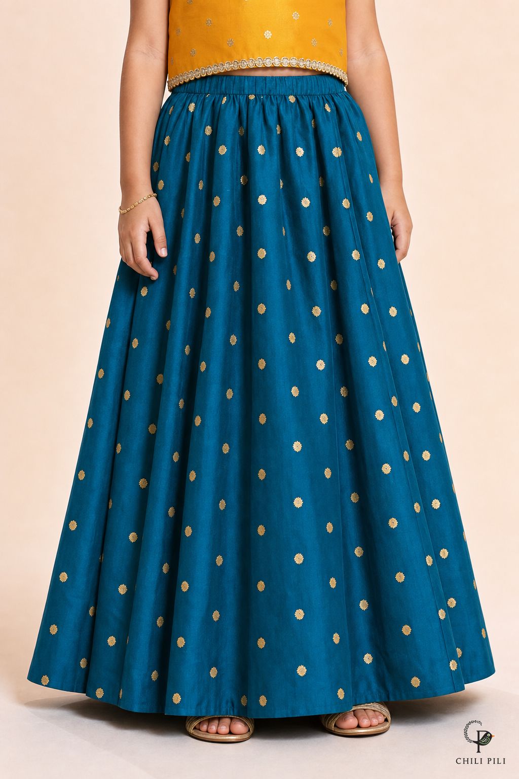 Girls Kediya Buti Lehenga Choli Morpich - close-up detail of bottom