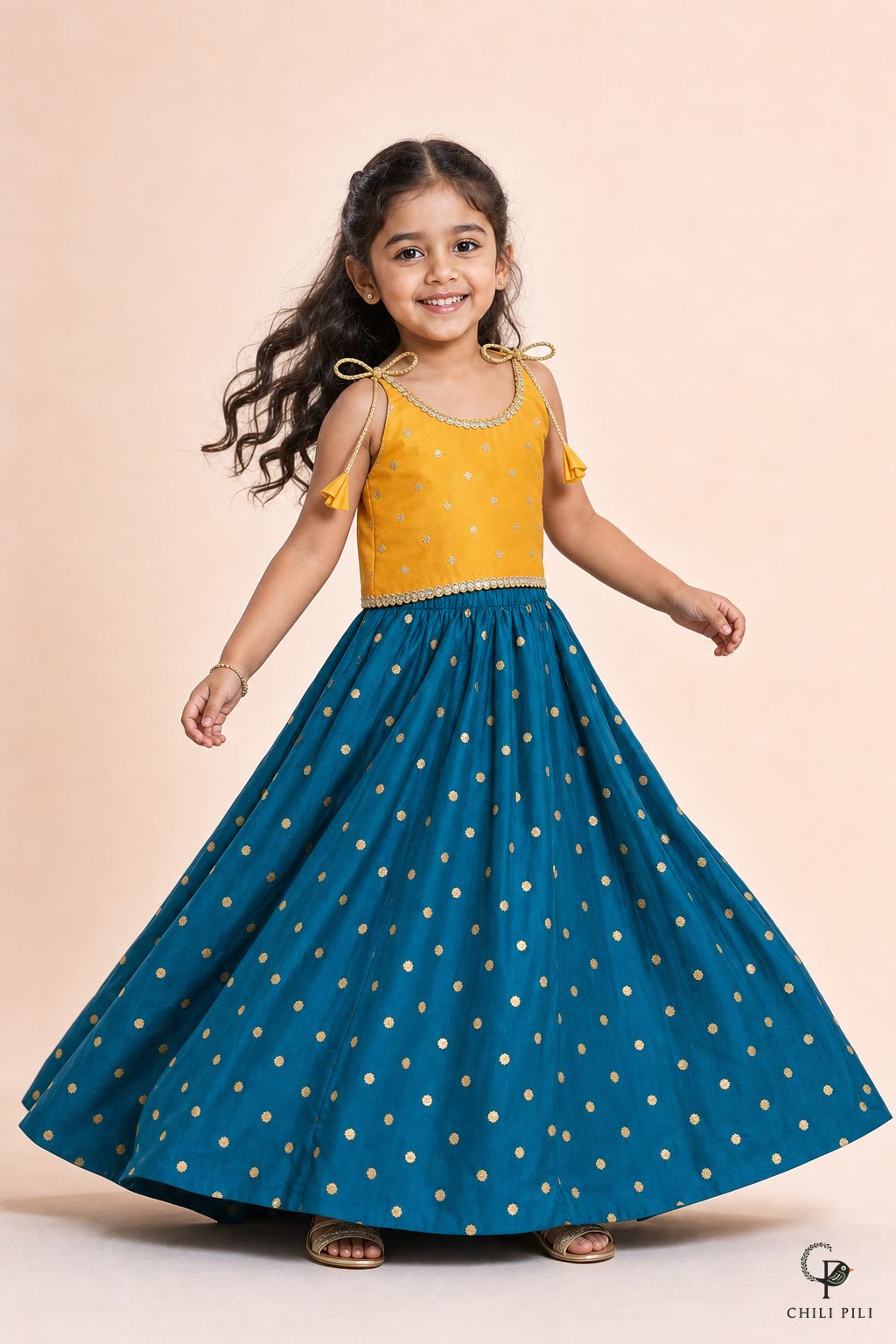 Girls Kediya Buti Lehenga Choli Morpich - lifestyle movement shot