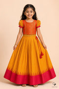 Girls Fakhta Silk Pattu Pavadai Mustard - front view