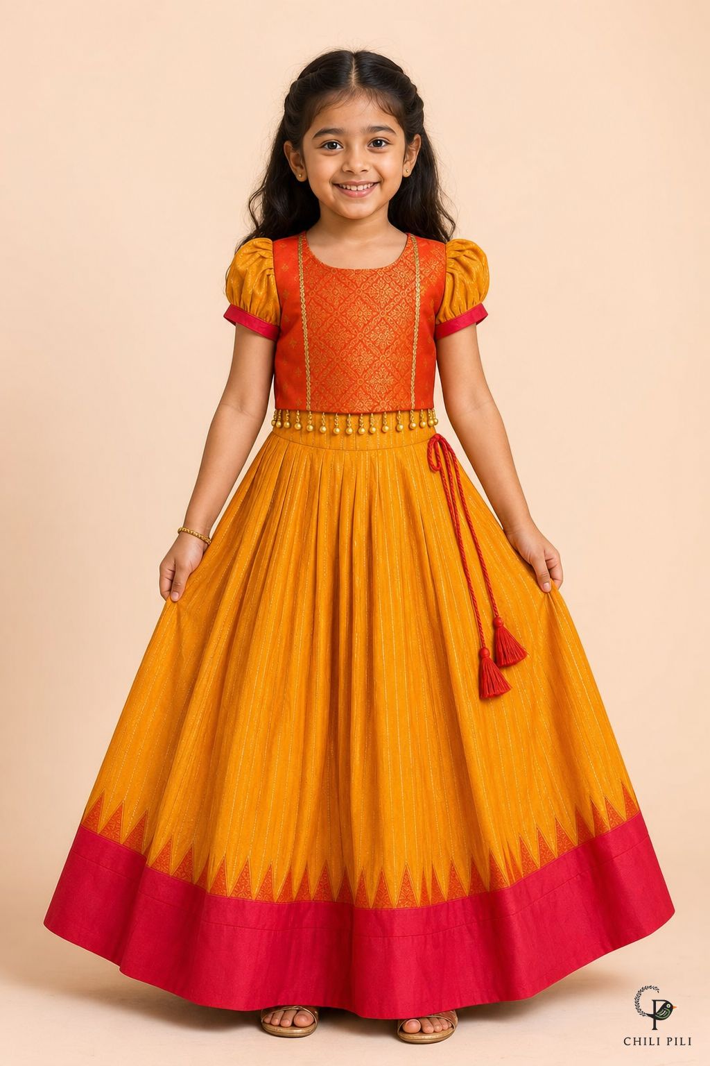 Girls Fakhta Silk Pattu Pavadai Mustard - front view