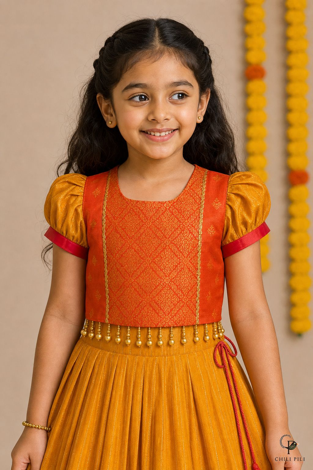 Girls Fakhta Silk Pattu Pavadai Mustard - close-up detail of top