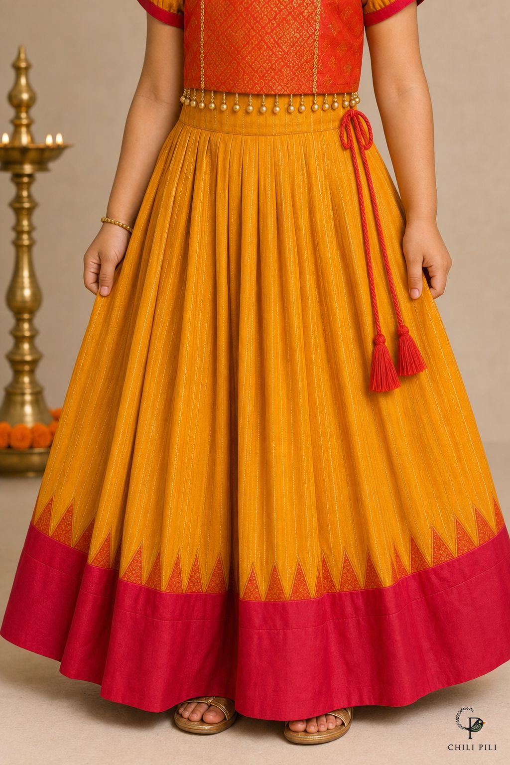 Girls Fakhta Silk Pattu Pavadai Mustard - close-up detail of bottom