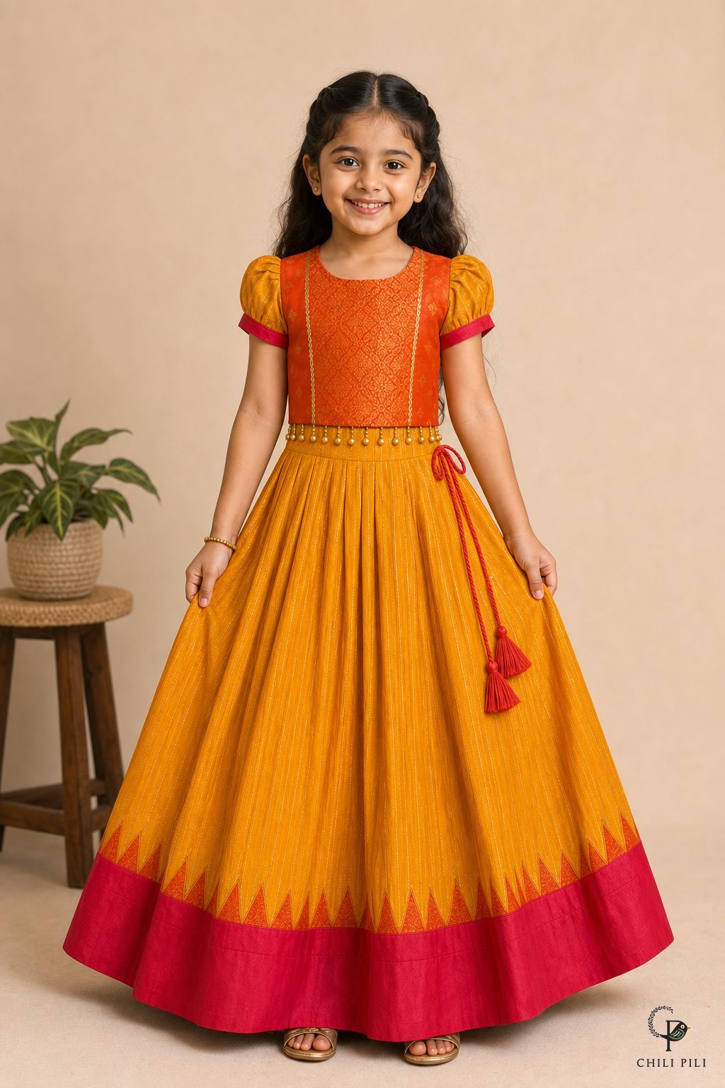 Girls Fakhta Silk Pattu Pavadai Mustard - festive lifestyle shot
