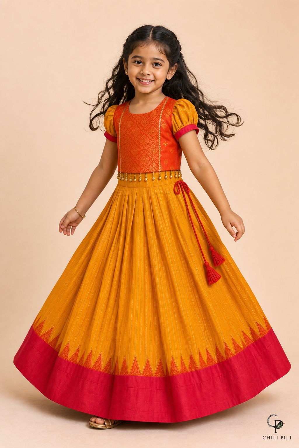 Girls Fakhta Silk Pattu Pavadai Mustard - lifestyle movement shot