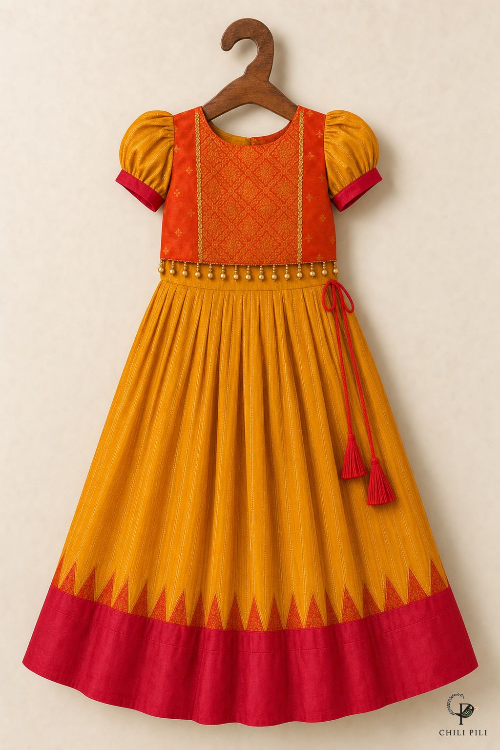 Girls Fakhta Silk Pattu Pavadai Mustard - full set on hanger