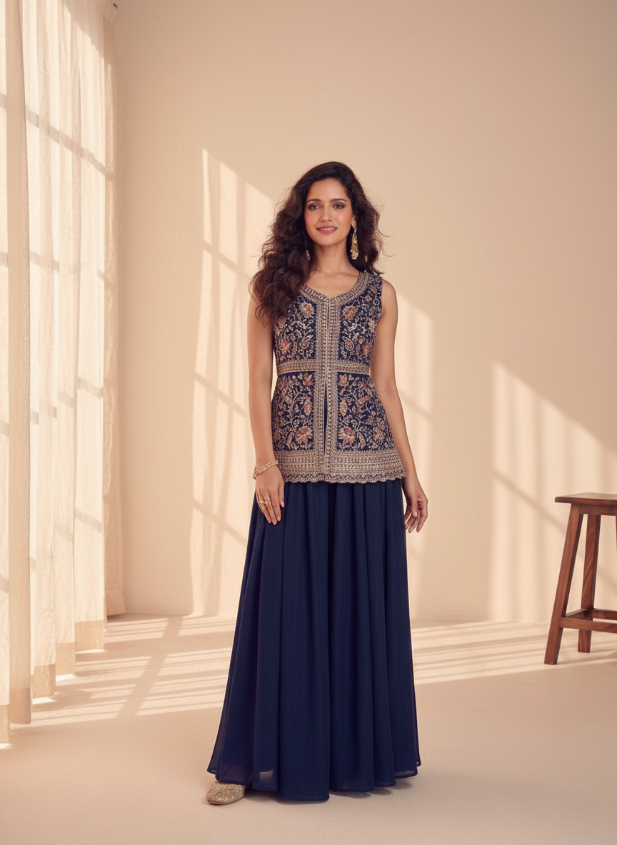 Navy Embroidered Peplum Sharara Set - hero shot